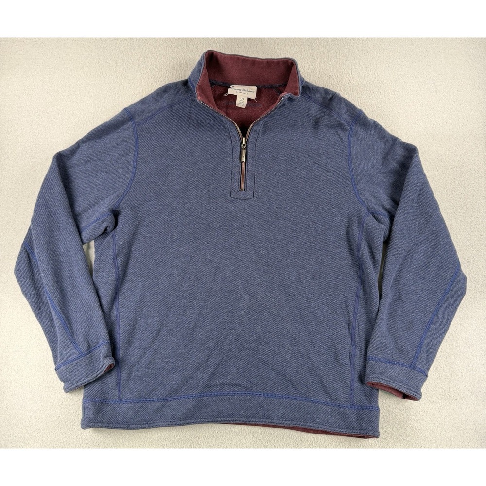 Tommy Bahama Reversible 1/4 Zip Mens LARGE Blue Maroon Preppy Knit Pullover